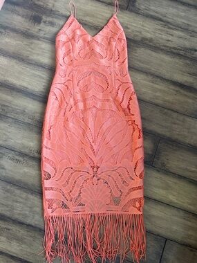 Coral Lace Fringe Slip Dress